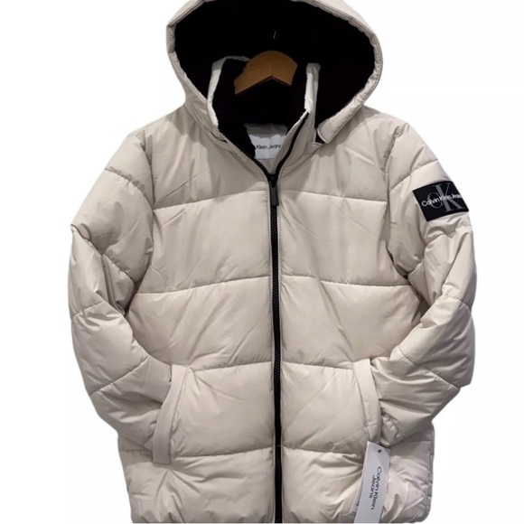 NWT [Calvin Klein] Down Hooded Winter Puffer Insulated Jacket Beige Men’s Sz M - Picture 2 of 15